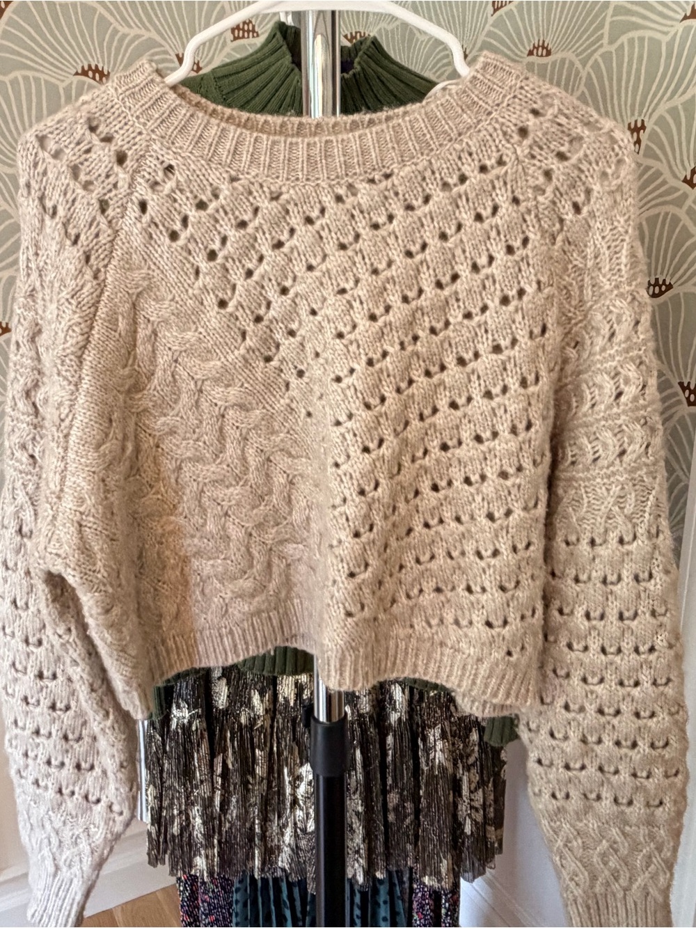 Altar'd State Cream Openwork Cable Knit Cropped Sweater